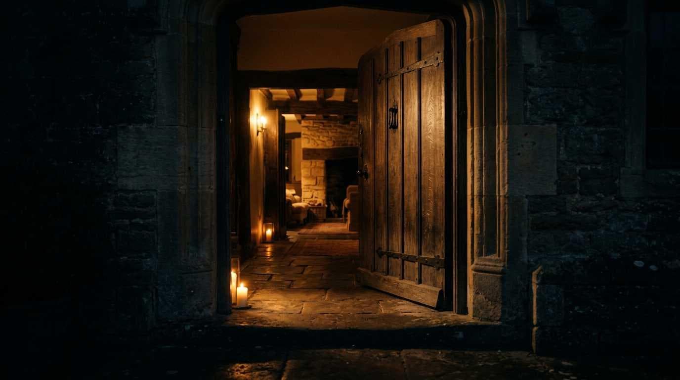 A warm-lit threshold at night